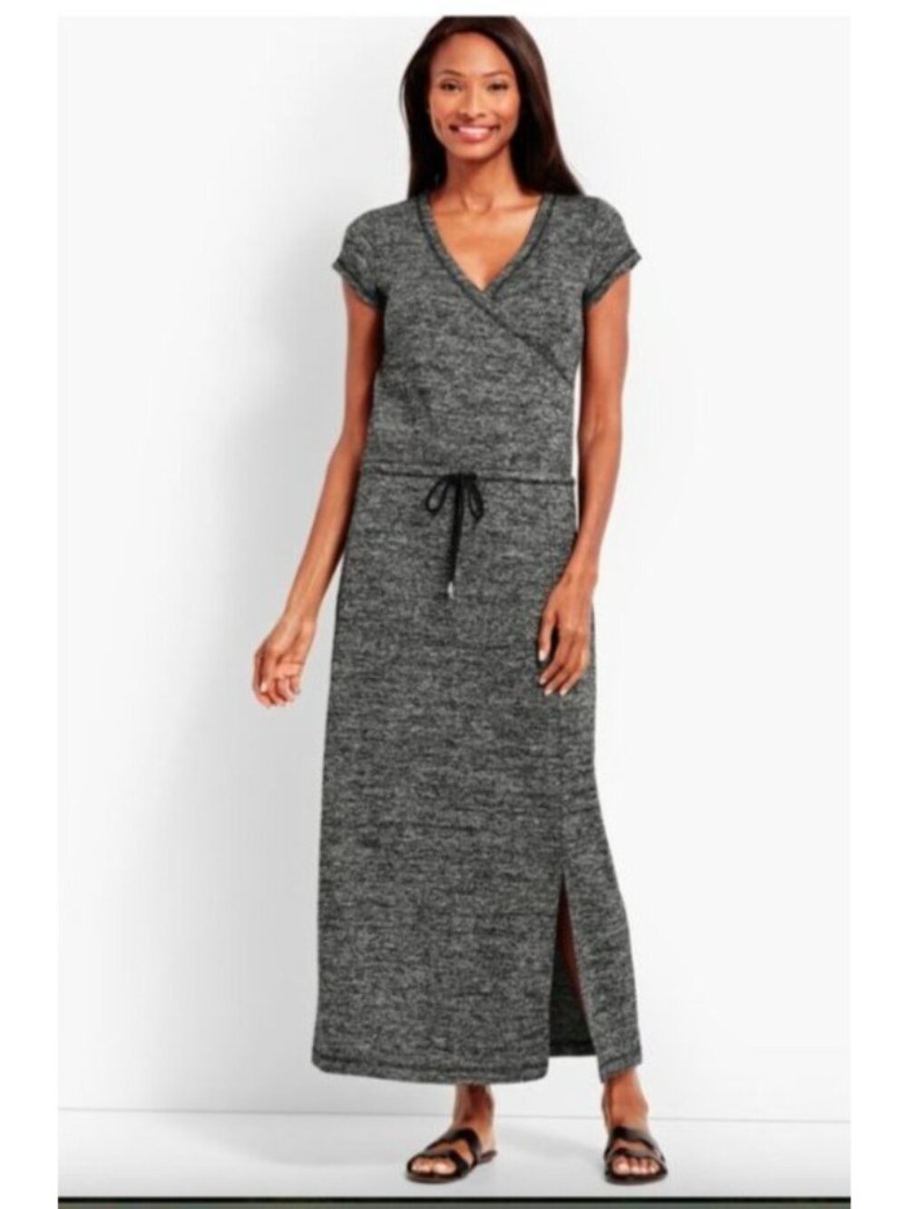 T By Talbots Womens Marled Soft-Drape Jersey knit Drawstring maxi Dress size XL